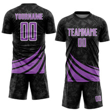 Загрузить изображение в средство просмотра галереи, Custom Black Medium Purple-White Distressed Diagonal Stripes Wind Shapes Sports Sublimation Soccer Uniform Jersey
