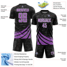 Загрузить изображение в средство просмотра галереи, Custom Black Medium Purple-White Distressed Diagonal Stripes Wind Shapes Sports Sublimation Soccer Uniform Jersey