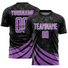 Загрузить изображение в средство просмотра галереи, Custom Black Medium Purple-White Distressed Diagonal Stripes Wind Shapes Sports Sublimation Soccer Uniform Jersey