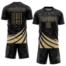 Загрузить изображение в средство просмотра галереи, Custom Black Vegas Gold Distressed Diagonal Stripes Wind Shapes Sports Sublimation Soccer Uniform Jersey