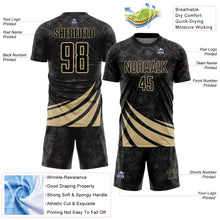 Загрузить изображение в средство просмотра галереи, Custom Black Vegas Gold Distressed Diagonal Stripes Wind Shapes Sports Sublimation Soccer Uniform Jersey