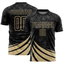 Загрузить изображение в средство просмотра галереи, Custom Black Vegas Gold Distressed Diagonal Stripes Wind Shapes Sports Sublimation Soccer Uniform Jersey