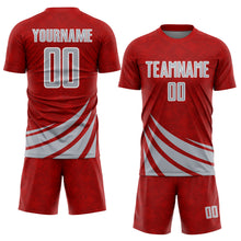 Загрузить изображение в средство просмотра галереи, Custom Red Gray-White Distressed Diagonal Stripes Wind Shapes Sports Sublimation Soccer Uniform Jersey