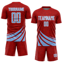 Load image into Gallery viewer, Custom Red Light Blue-White Distressed Diagonal Stripes Wind Shapes Sports Sublimation Soccer Uniform Jersey