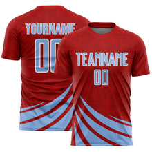 Load image into Gallery viewer, Custom Red Light Blue-White Distressed Diagonal Stripes Wind Shapes Sports Sublimation Soccer Uniform Jersey