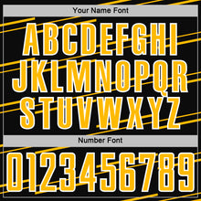 Load image into Gallery viewer, Custom Black Gold-White Diagonal Pinstripes Lines Sports Sublimation Soccer Uniform Jersey