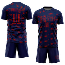 Laden Sie das Bild in den Galerie-Viewer, Custom Navy Red Diagonal Pinstripes Lines Sports Sublimation Soccer Uniform Jersey