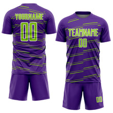 Laden Sie das Bild in den Galerie-Viewer, Custom Purple Neon Green-White Diagonal Pinstripes Lines Sports Sublimation Soccer Uniform Jersey