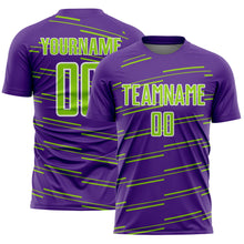 Laden Sie das Bild in den Galerie-Viewer, Custom Purple Neon Green-White Diagonal Pinstripes Lines Sports Sublimation Soccer Uniform Jersey