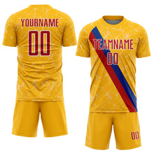 Load image into Gallery viewer, Custom Gold Red Blue-White Colombia Network Pattern Diagonal Stripe Sublimation Soccer Uniform Jersey