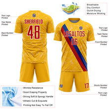 Load image into Gallery viewer, Custom Gold Red Blue-White Colombia Network Pattern Diagonal Stripe Sublimation Soccer Uniform Jersey