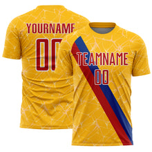 Load image into Gallery viewer, Custom Gold Red Blue-White Colombia Network Pattern Diagonal Stripe Sublimation Soccer Uniform Jersey