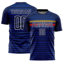 Laden Sie das Bild in den Galerie-Viewer, Custom Royal Navy Yellow-Red Colombia Horizontal Stripes Geometric Aztec Tribal Pattern Sublimation Soccer Uniform Jersey