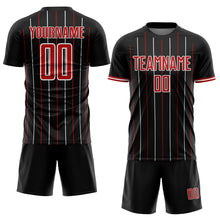 Load image into Gallery viewer, Custom Black Red-White France Vertical Pinstripe Sublimation Soccer Uniform Jersey