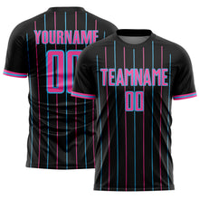 Load image into Gallery viewer, Custom Black Pink-Sky Blue France Vertical Pinstripe Sublimation Soccer Uniform Jersey