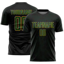 Laden Sie das Bild in den Galerie-Viewer, Custom Black Green-Old Gold Curve Lines Sublimation Soccer Uniform Jersey