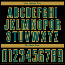 Load image into Gallery viewer, Custom Black Midnight Green-Old Gold Curve Lines Sublimation Soccer Uniform Jersey