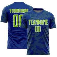 Laden Sie das Bild in den Galerie-Viewer, Custom Royal Neon Green-White Curve Lines Sublimation Soccer Uniform Jersey