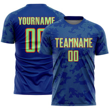Load image into Gallery viewer, Custom Royal Pea Green-Orange Curve Lines Sublimation Soccer Uniform Jersey