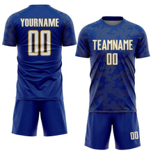 Laden Sie das Bild in den Galerie-Viewer, Custom Royal White-Old Gold Curve Lines Sublimation Soccer Uniform Jersey