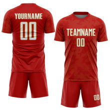 Laden Sie das Bild in den Galerie-Viewer, Custom Red White-Old Gold Curve Lines Sublimation Soccer Uniform Jersey