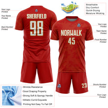 Laden Sie das Bild in den Galerie-Viewer, Custom Red White-Old Gold Curve Lines Sublimation Soccer Uniform Jersey