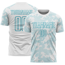 Load image into Gallery viewer, Custom White-Teal Curve Lines Sublimation Soccer Uniform Jersey