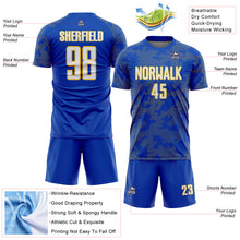 Load image into Gallery viewer, Custom Thunder Blue White-Yellow Curve Lines Sublimation Soccer Uniform Jersey