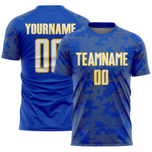 Load image into Gallery viewer, Custom Thunder Blue White-Yellow Curve Lines Sublimation Soccer Uniform Jersey