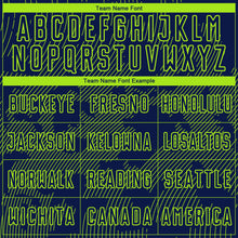 Laden Sie das Bild in den Galerie-Viewer, Custom Navy-Neon Green Curve Lines Sublimation Soccer Uniform Jersey