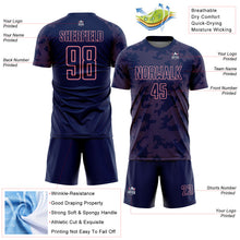 Laden Sie das Bild in den Galerie-Viewer, Custom Navy-Medium Pink Curve Lines Sublimation Soccer Uniform Jersey