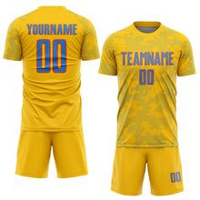 Load image into Gallery viewer, Custom Yellow Powder Blue-Orange Curve Lines Sublimation Soccer Uniform Jersey