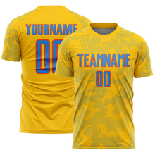 Load image into Gallery viewer, Custom Yellow Powder Blue-Orange Curve Lines Sublimation Soccer Uniform Jersey