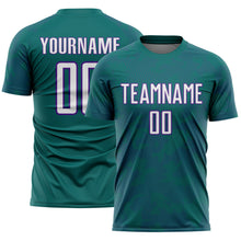 Load image into Gallery viewer, Custom Teal White-Purple Curve Lines Sublimation Soccer Uniform Jersey