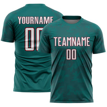 Load image into Gallery viewer, Custom Teal White-Crimson Curve Lines Sublimation Soccer Uniform Jersey
