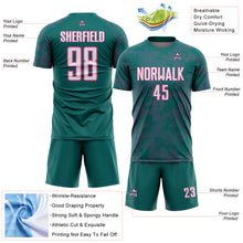 Laden Sie das Bild in den Galerie-Viewer, Custom Teal White-Pink Curve Lines Sublimation Soccer Uniform Jersey