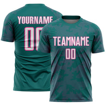 Laden Sie das Bild in den Galerie-Viewer, Custom Teal White-Pink Curve Lines Sublimation Soccer Uniform Jersey