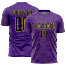 Load image into Gallery viewer, Custom Purple Black-Old Gold Curve Lines Sublimation Soccer Uniform Jersey