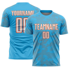 Load image into Gallery viewer, Custom Sky Blue White-Orange Curve Lines Sublimation Soccer Uniform Jersey