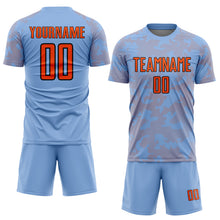 Load image into Gallery viewer, Custom Light Blue Orange-Black Curve Lines Sublimation Soccer Uniform Jersey