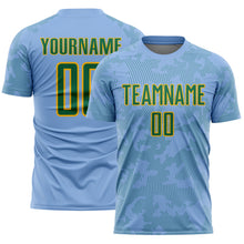 Laden Sie das Bild in den Galerie-Viewer, Custom Light Blue Kelly Green-Gold Curve Lines Sublimation Soccer Uniform Jersey