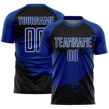 Laden Sie das Bild in den Galerie-Viewer, Custom Royal Black-White Splash Color Block Sublimation Soccer Uniform Jersey