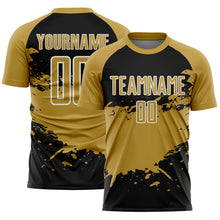 Load image into Gallery viewer, Custom Old Gold Black-White Splash Color Block Sublimation Soccer Uniform Jersey