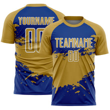 Загрузить изображение в средство просмотра галереи, Custom Old Gold Royal-White Splash Color Block Sublimation Soccer Uniform Jersey