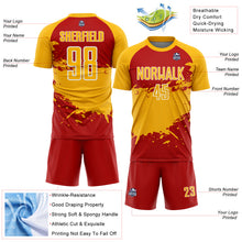 Загрузить изображение в средство просмотра галереи, Custom Gold Red-White Splash Color Block Sublimation Soccer Uniform Jersey