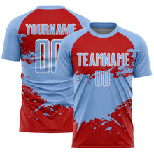 Charger l'image dans la galerie, Custom Light Blue Red-White Splash Color Block Sublimation Soccer Uniform Jersey