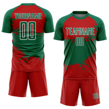 Charger l'image dans la galerie, Custom Kelly Green Red-White Splash Color Block Sublimation Soccer Uniform Jersey