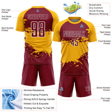 Laden Sie das Bild in den Galerie-Viewer, Custom Gold Crimson-White Splash Color Block Sublimation Soccer Uniform Jersey
