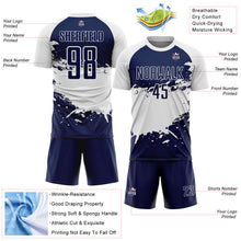 Load image into Gallery viewer, Custom White-Navy Splash Color Block Sublimation Soccer Uniform Jersey