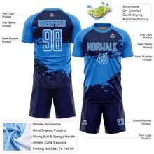 Laden Sie das Bild in den Galerie-Viewer, Custom Powder Blue Navy-White Splash Color Block Sublimation Soccer Uniform Jersey